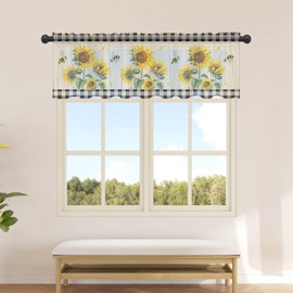 Sunflower Plaid Valance Curtains for Kitchen/Living Room/Bathroom/Bedroom Window, Rustic Black White Buffalo Check Bee Rod Pocket Small Topper Half Short Window Curtains Voile Sheer Scarf, 54"x18"