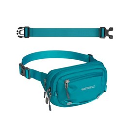 WATERFLY - Riñonera pequeña RFID de 1.5 litros, con correa extensora, resistente al agua, para hombres, mujeres, viajes, senderismo, correr, azul pavo