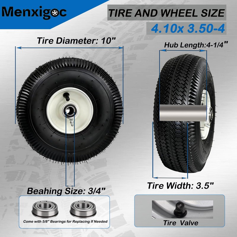 4.10/3.50-4 Tubeless Tire with 3/4" Bearing, 105-3471 Front Wheel and