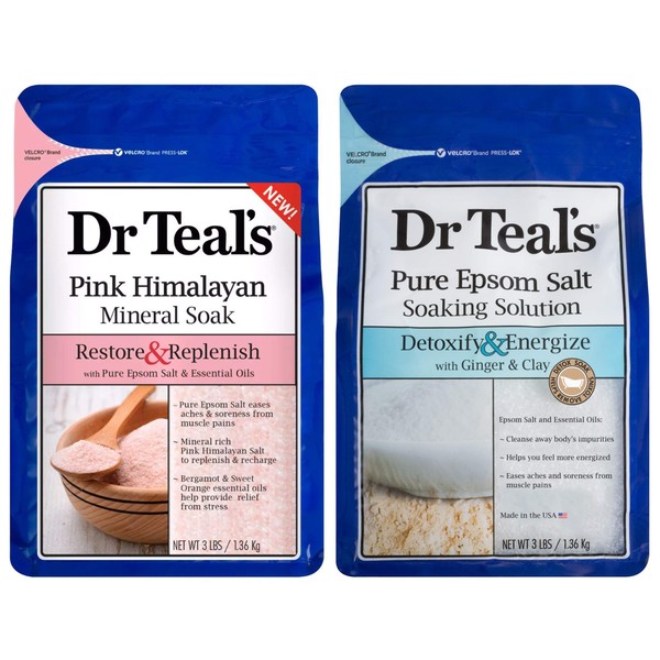 Dr. Teal's Pure Epsom Salt Bath Variety Gift Set (2 Pack, 3lbs Ea.) - Restore & Replenish Pink Himalayan, Detoxify & Energize Ginger & Clay - Essential Oils Remove Toxins 7 Help Alleviate Daily Stress
