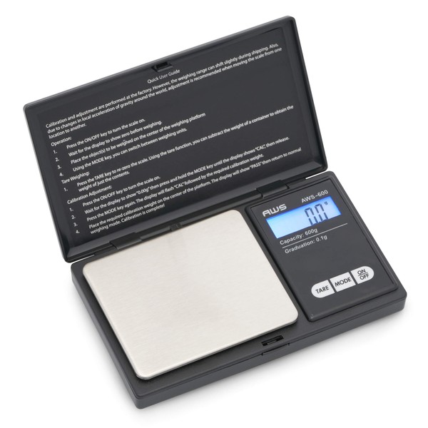 AMERICAN WEIGH SCALES AWS-600 Digital Pocket Weight Scale,Digital Gram Scale,Jewelry Scale,Food Scale,Medicine Scale,Kitchen Scale,Small Pocket Scales, Backlit LCD- 600 G x 0.1 G - (Black)