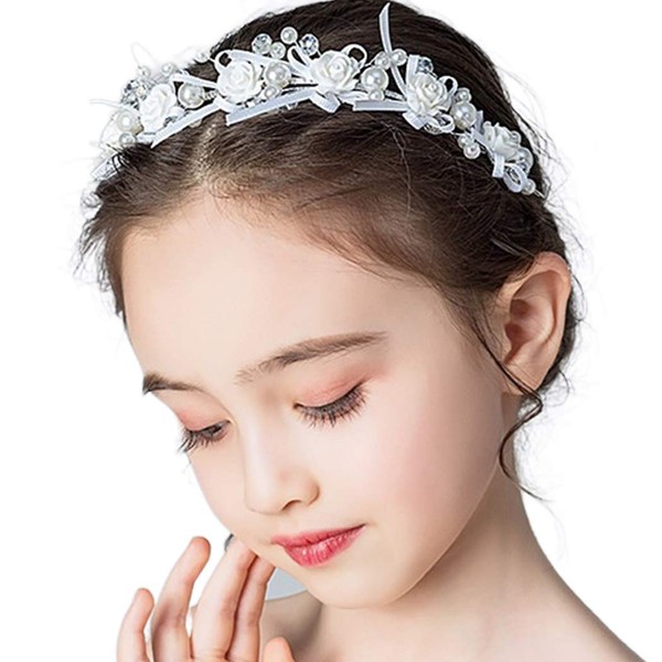 Campsis White Flower Headpiece Cute Pearl Ribbon Headband Crystal Bridal Wedding Hair Accessories for Women and Girls
