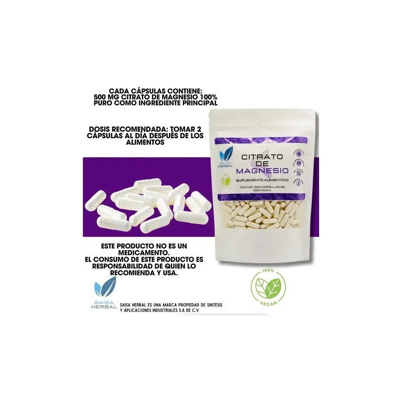 Citrato Magnesio Potasio 500 Cáps Vegana Sabor