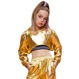 Perfashion girls metallic cropped hip pop dance tops gold long sleeve shirts y2k 80s neon clothes size 6 7