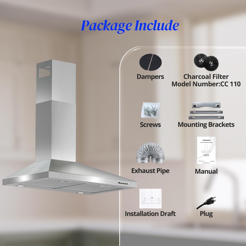 FIREGAS Range Hood 30 inch, Wall Mount Range Hood with