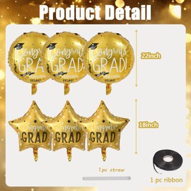 Jwssor Graduation Foil Balloons,6pcs 18inch Gold Congrats GRAD Balloons,Gold Foil Balloons for College High School
