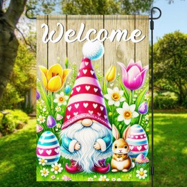Happy Easter Bunny Gnome Garden Flag 12x18 Double Sided Small Decorative Garden Flag Easter Eggs Rabbit Flowers Yard Lawn Outside Decor Spring Butterfly Outdoor Home Decoration