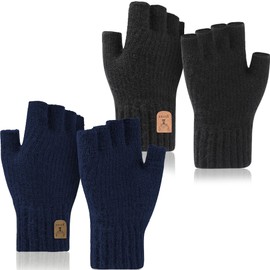 Fingerless Gloves for Men - Winter Fingerless Knitted Gloves Thermal Fingerless Gloves Half Finger Gloves for Outdoor Working Running Cycling Sking (Black+Navy)
