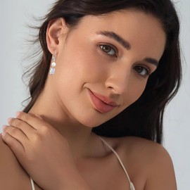 FJ Pearl Drop Earrings 925 Sterling Silver Emerald Cut Cubic Zirconia Dangle Leverback Earrings April Birthstone Jewelry Gifts for Women