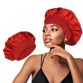 Gorro para Dormir, Gorro De Satén con Banda Elástica Ancha, Gorro De Seda para El Cuidado del Cabello Rizado Sombrero de Gorro de Dormir Ajustable Cubierta de Cabeza Toalla Pelo Secado Rapido (Red)