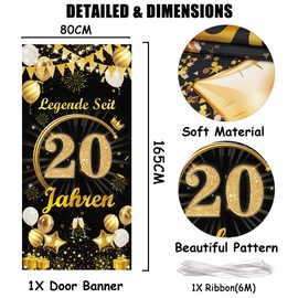 Decorative 20th Birthday Man Woman Banner - Black Gold Legend For 20 Years Door Banner 165 x 80 cm, Fabric Background Door Decoration for 20th Birthday Party Decoration