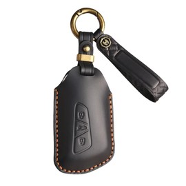 Black Genuine Leather Car Key Case Compatible with VW Volkswagen Golf 8, ID3, ID4, GTI, GTE, Seat Leon MK4, Tarraco, Ateca, Skoda Octavia 3 buttons Car Key Protective with Keychain