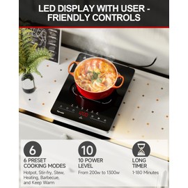 TOPWISH Portable Electric Stove,110V Single Burner Electric Cooktop, Countertop Burner Hot Plate with 6 Preset Functions,10 Power Levels,LED Touch Control, Child Lock &Timer