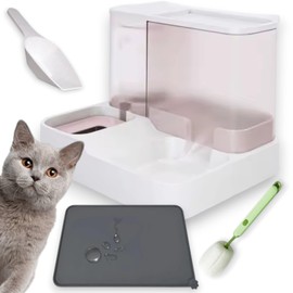 Automatic Cat Food and Water Dispenser Set – 1L Water & 2.8L Food Capacity – Gravity Pet Feeder & Waterer for Cats & Small Dogs – BPA-Free, Easy to Clean with Spill-Proof Mat & Accessories