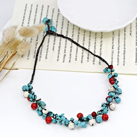 AeraVida Infinite Beaded Clusters Simulated Turquoise and Reconstructed Red Coral Stone Cotton Wax Rope Necklace