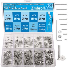 Zmbroll 500Pcs M2 x 4/5/6/8/10/12/16/20mm Countersunk Head Socket Cap Screws 304 Stainless Steel Flat Head Screws Fully Threaded Metric Machine Screws Bolts Washers Nuts Assortment Kit