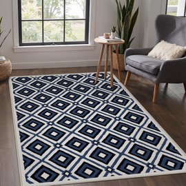 Bavni 4x6 Area Rugs Machine Washable Rug for Living Room, Moroccan Checkered Rug Indoor Soft Area Rug for Bedroom Dining Room, Ultra-Thin Low Pile Carpet with Non Slip Rubber Backing, Blue Gray