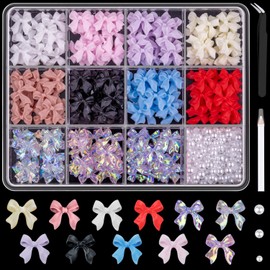 BELLEBOOST Bow Nail Charms and Flatback Pearls Set 2, 600 Pcs 11 Colors Cute Shiny Bow Charm Nail Jewels and 2-4mm White Nail Pearls for Nail Art DIY Decoration with Pickup Tools
