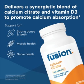 Bariatric Fusion Non Chewable Calcium Citrate with Vitamin D3 Tablet | Easy to Swallow 600 mg Calcium Supplement with Vitamin D to Increase Absorption* | 180 Tablets