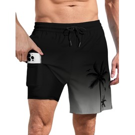 Lzzidou Men Swim Trunks with Compresssion Liner 7 Inch Inseam Board Shorts Bathing Suit with Zipper Pockets Black Grey