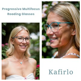 Kafirlo Progressive Multifocus Reading Glasses Women Cat Eye No Line Multifocal Transition Blue Blocker Computer Readers Metal Frame Fashion Ladies Cute Funky Trendy Cheaters Trifocal Eyeglasses 2.00+