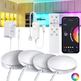 4 PCS Aluminum Round WiFi RGB Under Cabinet Lights Kit,Work with Alexa,Goog le Assistant,App and 2.4G RF Remote,Music Sync LED Light with Timmer Dimmable Under Counter Lights for Kitchen Bedroom