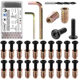 FandWay 30 Sets M6x25mm Furniture Screw Nut,M6x20mm Threaded Inserts for Wood,Connector Bolts and Nuts Set,Flat Head Allen Screw-in Nuts,Hex Socket Drive with Wrenches and Drill Bit.