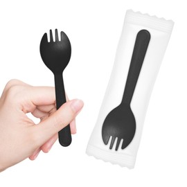 Mini Plastic Sporks Disposable Individually Wrappe, Black Forks and Spoons 2 in 1 Small Utensils 4.3" 100 PCS