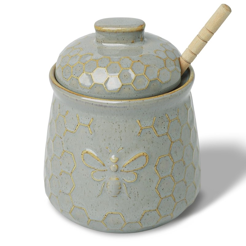 QUXIJA Ceramic Honey Jar with Dipper and Lid 10oz, Honey