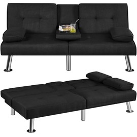 Yaheetech Convertible Sofa Bed Adjustable Fabric Couch Sleeper Modern Recliner Reversible Loveseat Folding Daybed Guest Bed, Removable Armrests, Cup Holders, 3 Angles, 772lb Capacity, Black