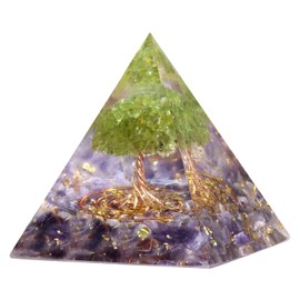 KYEYGWO Amethyst Positive Energy Pyramid Gemstone with Crystal Money Tree, Tree of Life Pyramid Reiki Healing Crystal Pyramid Fengshui Ornament for Home Decoration Meditation