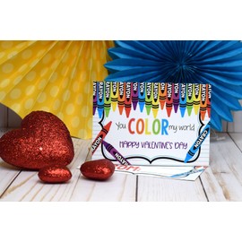 You Color My World Art & Coloring Themed Valentine's Day Cards for Kids to give to Friends & Classmates, Thirty (30) 3.5" x 5" Fill In Cards (Without Envelopes) by AmandaCreation