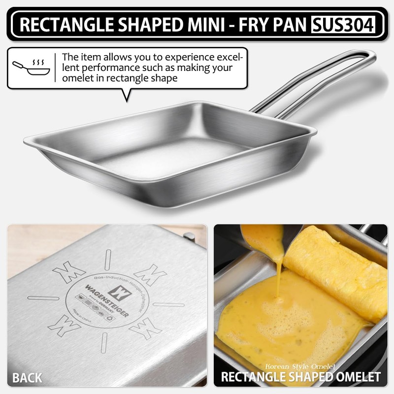 WAGENSTEIGER Stainless Steel Fry Pan, 3-Ply Reinforced Body, Rectangular Omelet