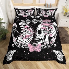 Butterfly Skull Duvet Cover Set Twin Size Pink Mushroom Comforter Cover Gothic Starry Galaxy Moon Bedding Set 2pcs for Kids Teens Girls Boys Bedroom Decor Trippy Plants Quilt Cover,1 Pillowcase