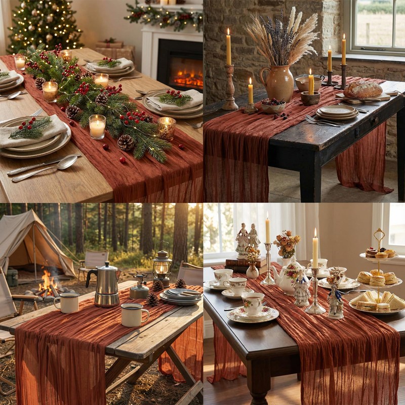 Terracotta Rust Cheesecloth Table Runner Birthday Christmas Valentines Day