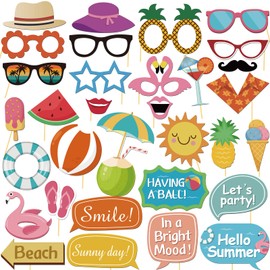33 Pcs Hello Summer Photo Props Kit, Hawaii Luau Tropical Tiki Beach Summer Pool Men Women Girl Boy Kids Teens Cutouts Birthday Party Celebration Decorations Photography Props