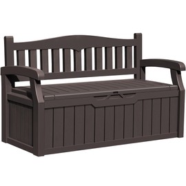 Greesum 80 Gallon Outdoor Storage Bench, Resin Patio Furniture with Armrest,Waterproof and UV-Resistant, Perfect to Garden, Poolside and Lawn, Dark Brown