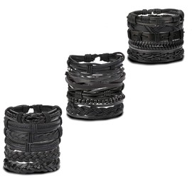 Jstyle 17Pcs Braided Leather Bracelet for Men Women Wooden Beaded Cuff Wrap Bracelet Adjustable Black