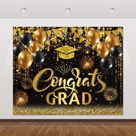 10x8ft Graduation Backdrop 2026 Congrats Grad Banner Black and Gold Graduation Party Decorations Class of 2026 Congratulate Prom Party Background Decor