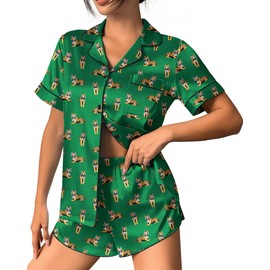 Ekouaer Womens Silk Satin Pajama Set Print Short Sleeve Sleepwear Button Down Pjs Shorts Set Loungewear Tiger S