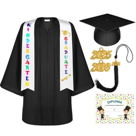 Lasnten Unisex Matte Kindergarten Graduation Gown Cap Tassel Set with 2025/2026 Charm Printed Stole for Kid Grad Gift(33,Black)