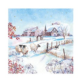 Village Life - Ling Design Scenic Painted Art Charity Christmas Cards - Pack of 6 Xmas Cards - Set D (Sheep On Wintery Lane)