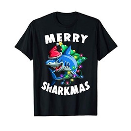Merry Sharkmas Funny Santa Shark Ugly Christmas Xmas Lights T-Shirt