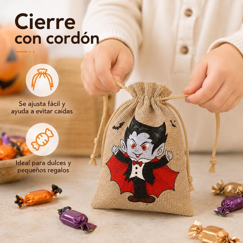 48 Bolsas de Arpillera para Halloween, 12 Diseños, Tamaño 10