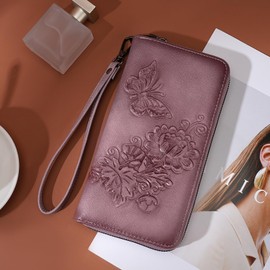 VIMUTI Womens Wallets Rfid Blocking Clutch Long Wallet for Women,Large Capacity Ladies Wallets with Card Slots and Phone Holder Embossed Flower Leather Travel Purse Wristlet Purple