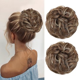 YOLANFAIRY 2PCS Messy Bun Hair Piece Wavy Curly Tousled Updo Hair Buns Synthetic Chignon Elastic Hair Band Fake Bun Hair Pieces for Women (Brown Mix Ash Blonde, 2PCS Same)