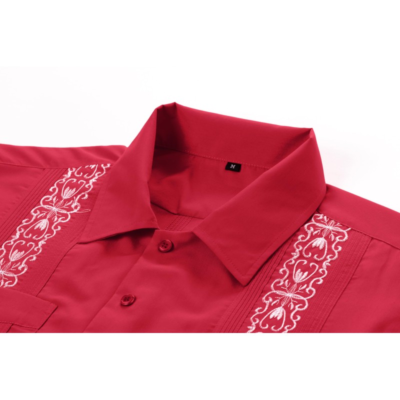 Mens Snap Shirts Casual Guayabera Shirts Short Sleeve(Red,S)