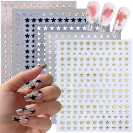 6 Sheets Shiny Star Nail Art Stickers Self-Adhesive 3D Nail Art Supplies Gold Sliver Black White Design Star Nail Decals Holographic Glitter Star Stickers for Acrylic Manicure DIY Women Nail Decor