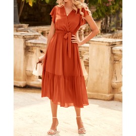 BTFBM Women Summer Bohemian Floral Casual Wrap V Neck Ruffle Cap Sleeveless Belt A-Line Pleated Hem Swing Midi Sun Dress (Solid Orange Red, Medium)