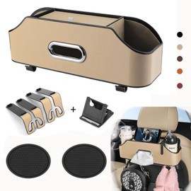 yuuaao Car Back Seat Organizer,Car Organizer with Car Cup Holder,Car Tissue Box,2pcs Cup Mat,Phone Holder,Multifunctional Hook for Car Seat Back Perfect for Travel (Beige)